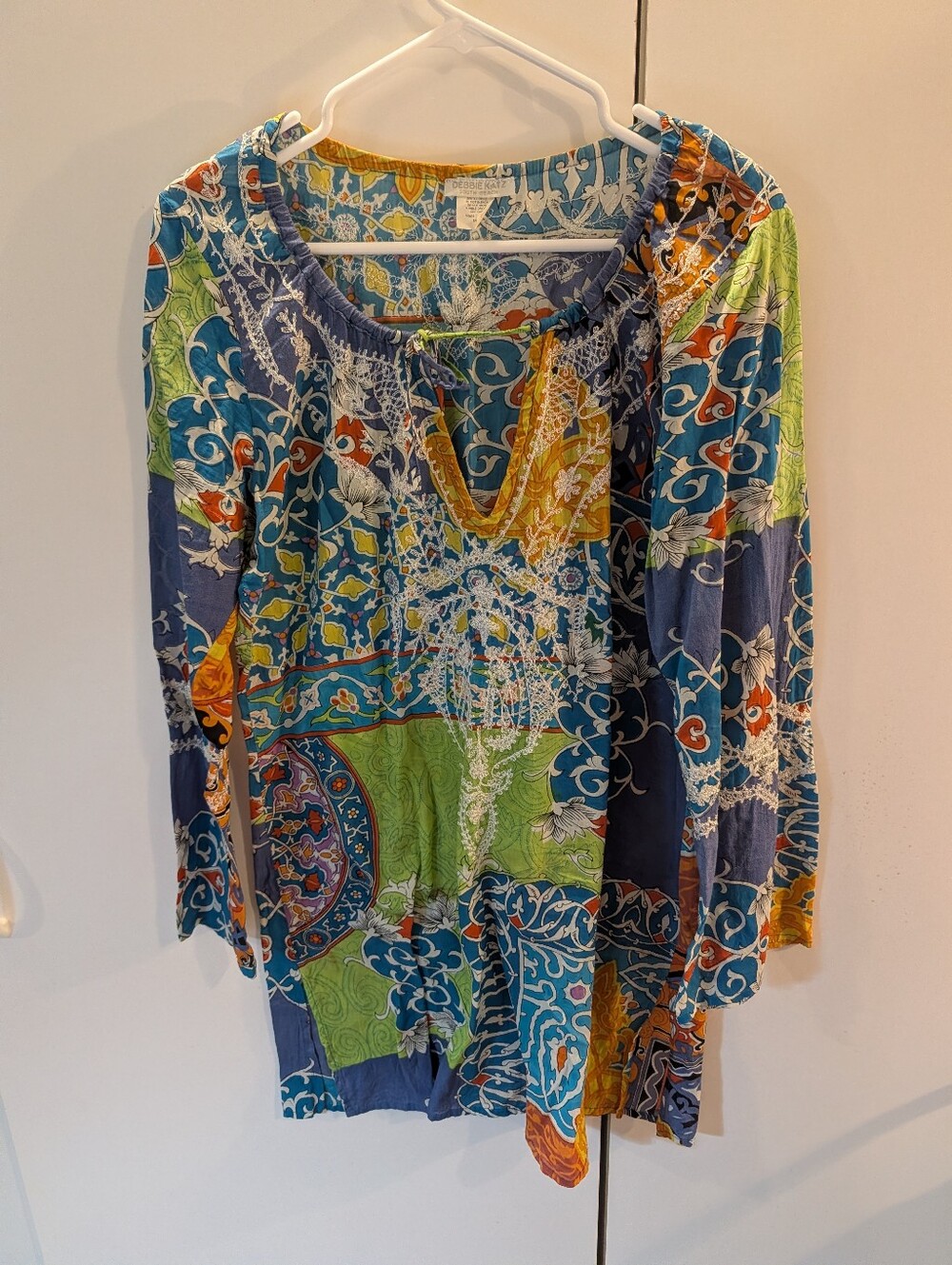 Debbie Katz South Beach M Boho Patchwork Print Peasant Top - Multicolor